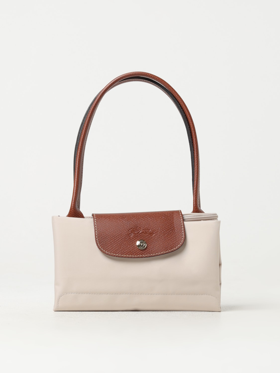 LONGCHAMP BORSA A SPALLA: Borsa Le Pliage Original M Longchamp in nylon e pelle a grana, Panna - Img 3