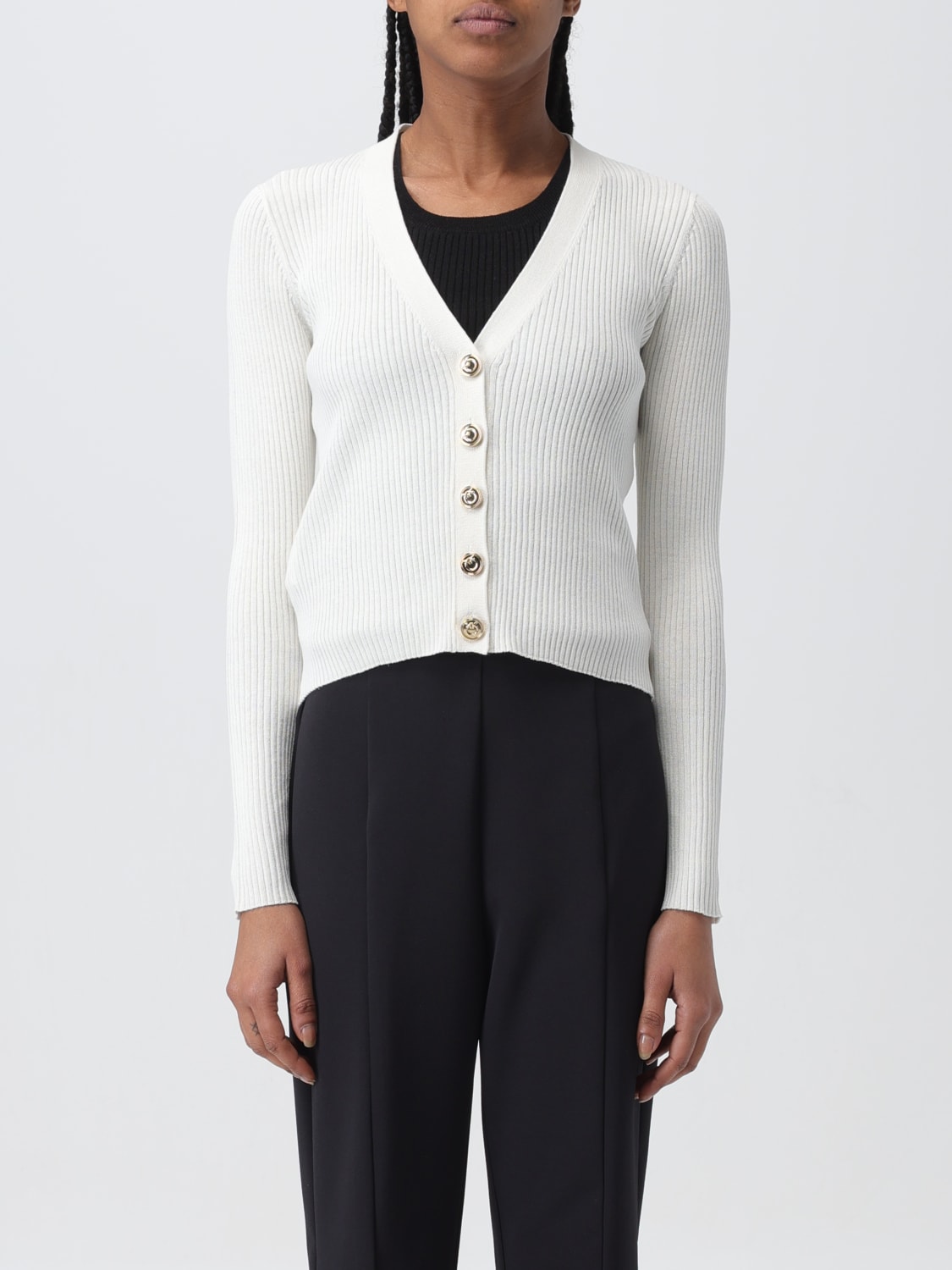 PINKO CARDIGAN: Cardigan Pinko in misto cotone a coste, Bianco - Img 1