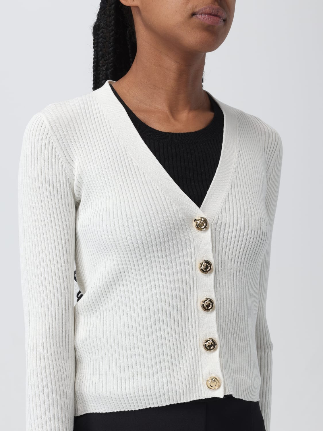 PINKO CARDIGAN: Cardigan Pinko in misto cotone a coste, Bianco - Img 3