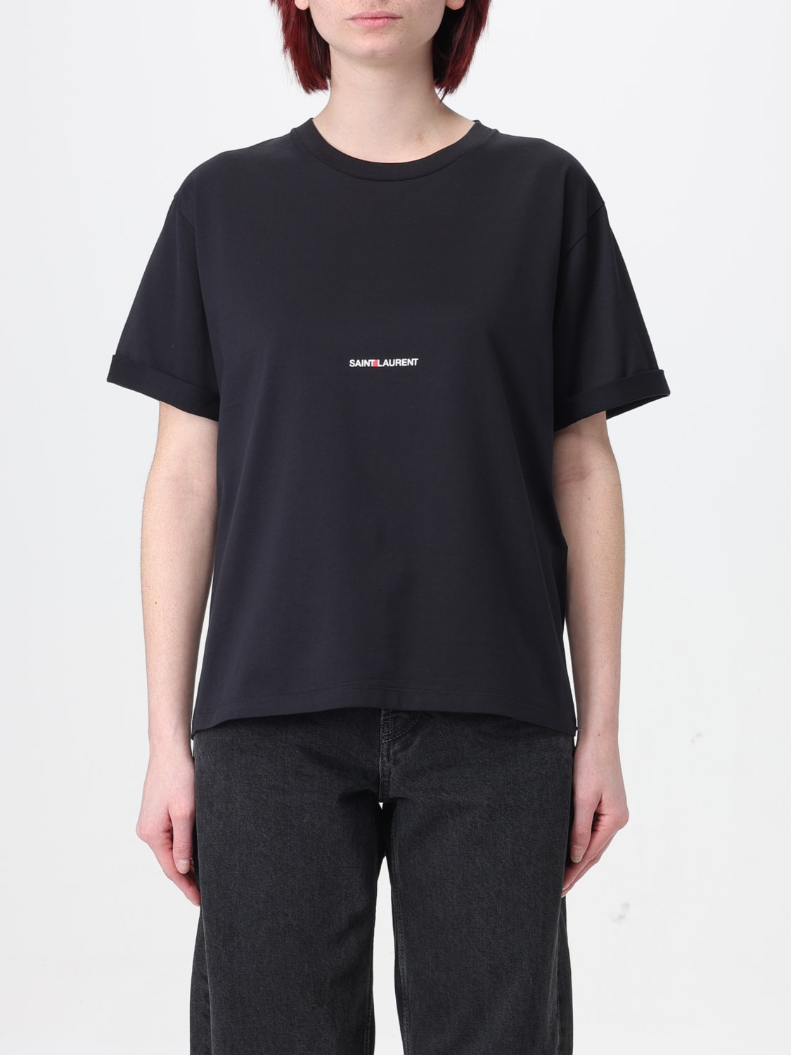 SAINT LAURENT T-SHIRT: T-shirt basic Saint Laurent con logo, Nero - Img 1