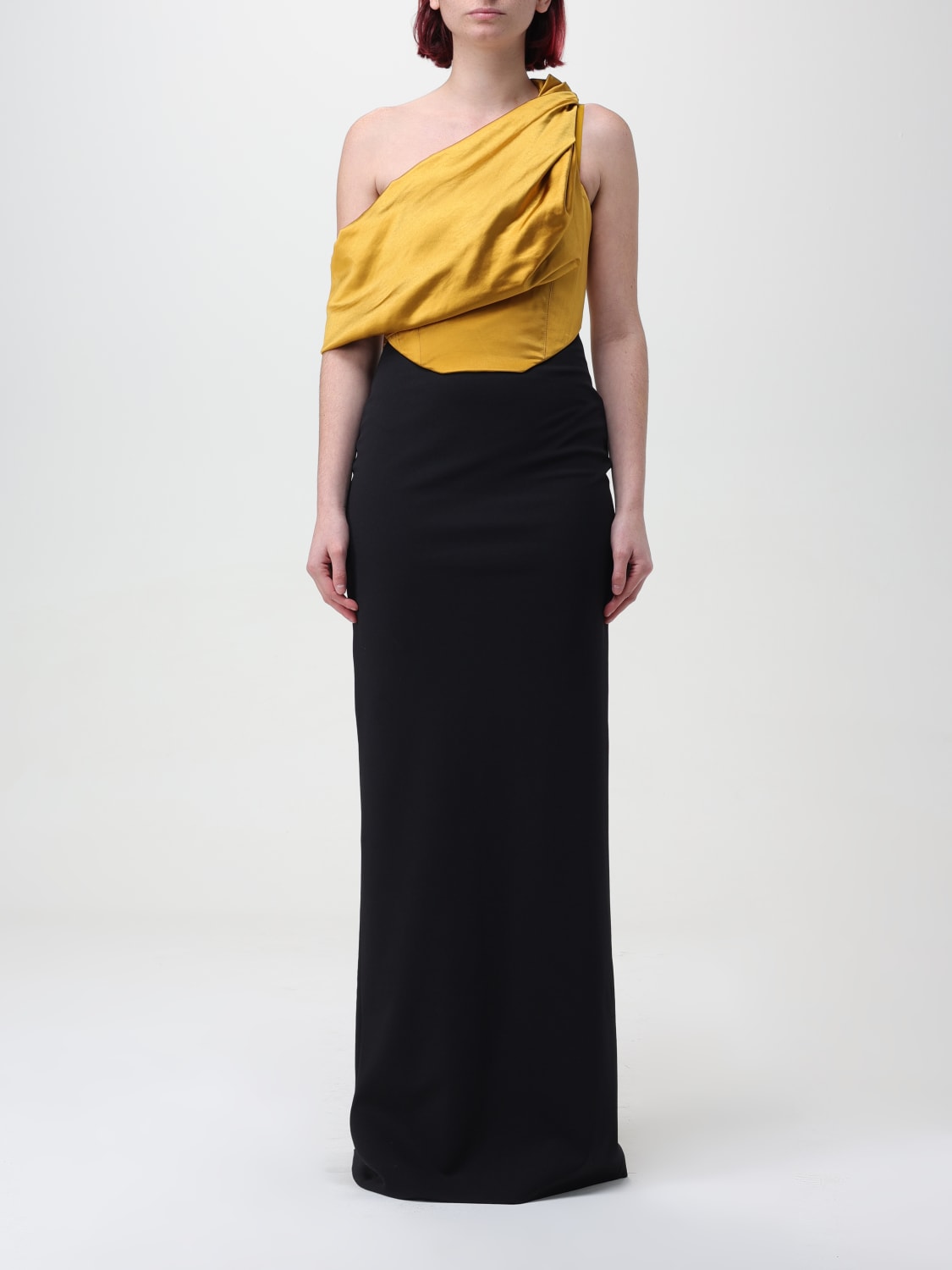 SOLACE LONDON DRESS: Solace London Kara dress with draped panel, Gold - Img 1