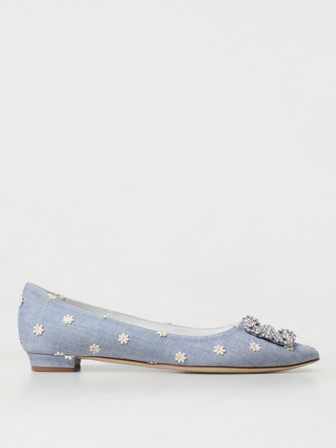 MANOLO BLAHNIK BALLERINE: Ballerina Pea Chambray Manolo Blahnik in raso con fiori ricamati , Denim - Img 1