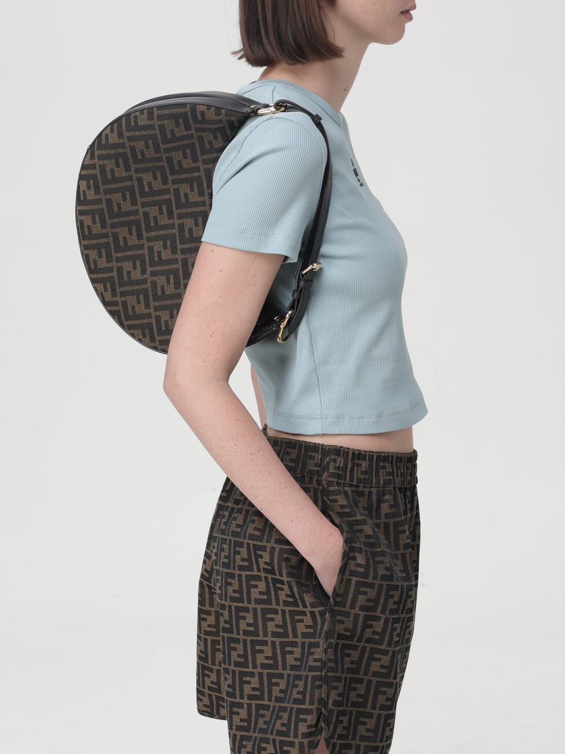 FENDI BORSA A SPALLA: Borsa Fendigraphy Fendi in cotone jacquard e pelle , Tabacco - Img 2