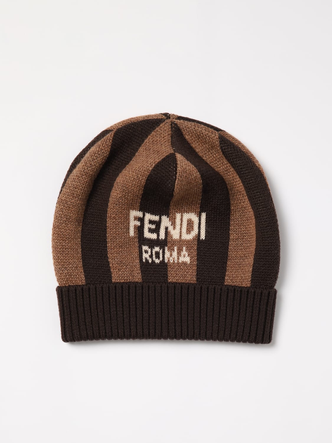 FENDI CAPPELLO BAMBINO: Cappello Fendi Kids in lana con logo jacquard , Tabacco - Img 1