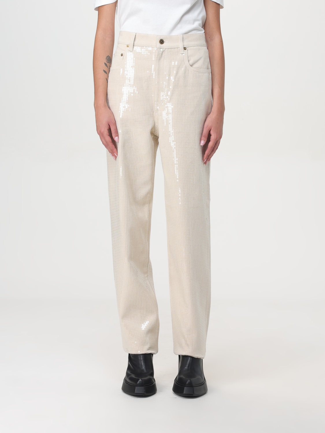 GOLDEN GOOSE PANTS: Golden Goose Kim denim pants with all-over sequins, Beige - Img 1