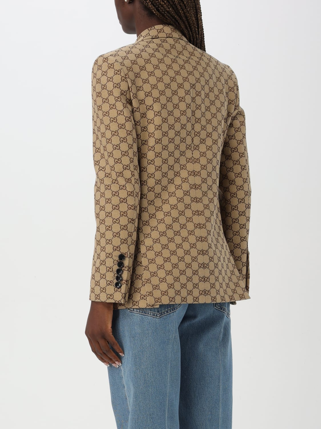 GUCCI BLAZER: Blazer Gucci in misto cotone con logo, Beige - Img 3