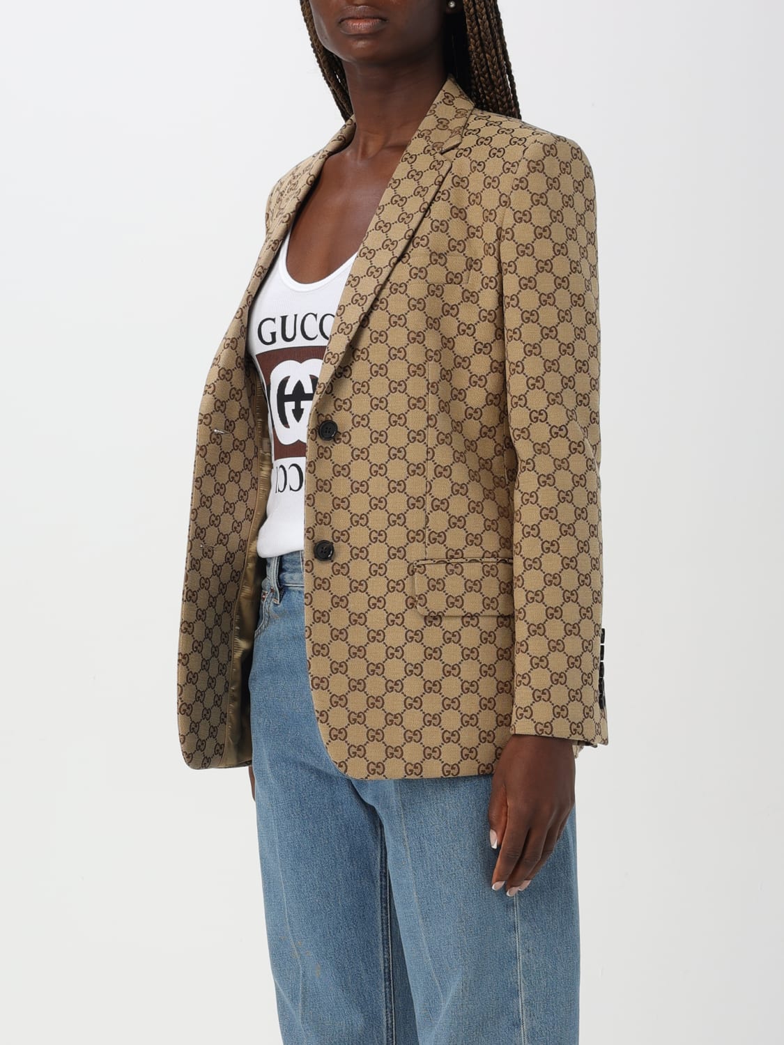 GUCCI BLAZER: Blazer Gucci in misto cotone con logo, Beige - Img 4