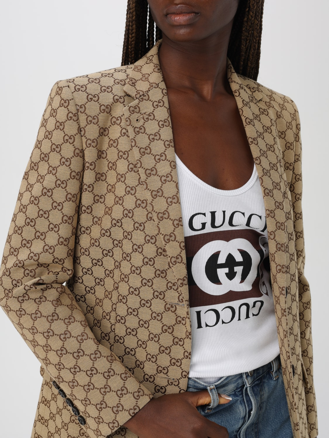 GUCCI BLAZER: Blazer Gucci in misto cotone con logo, Beige - Img 5