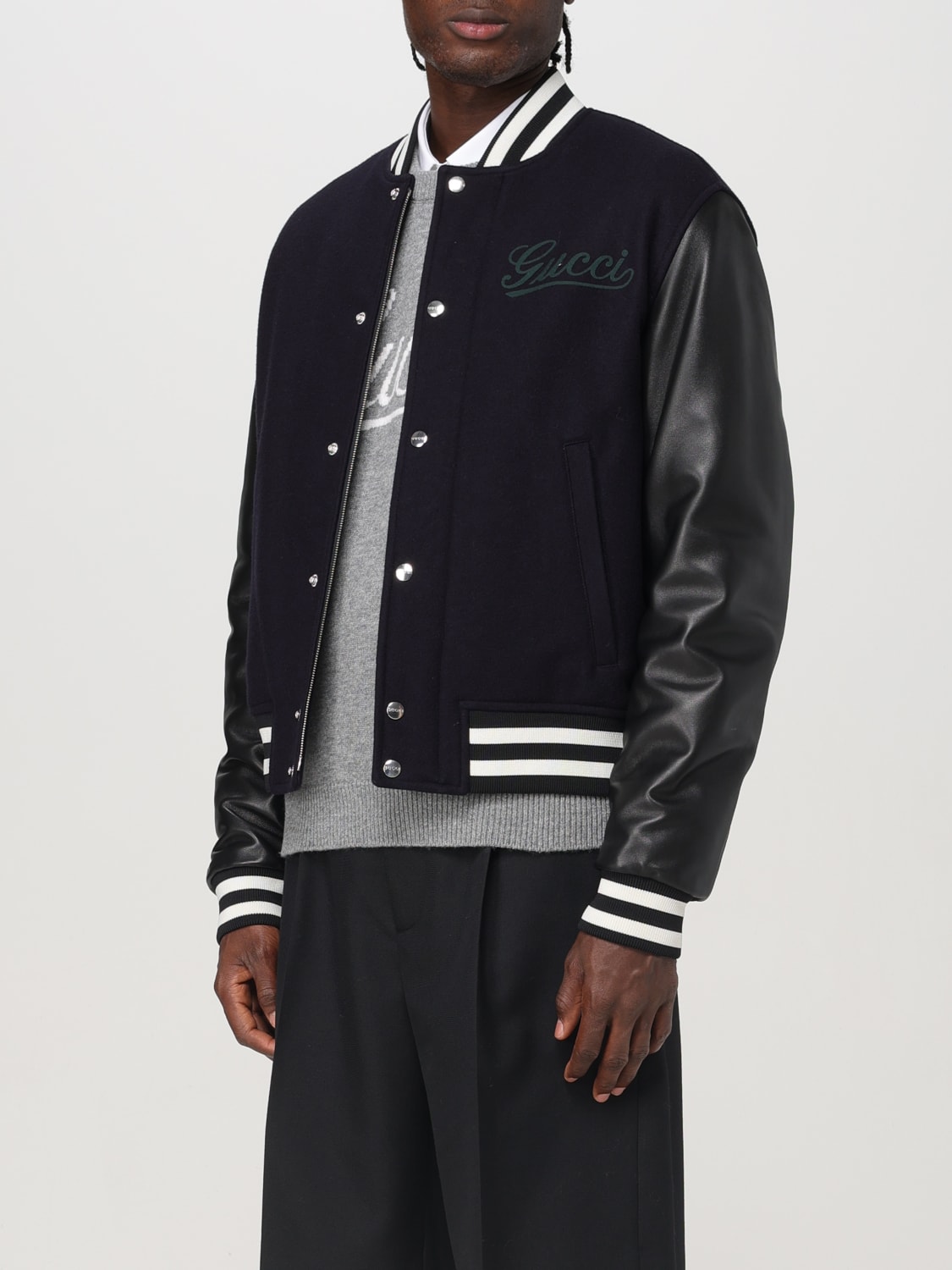 GUCCI GIACCA: Bomber Gucci in lana e pelle liscia , Blue Navy - Img 4