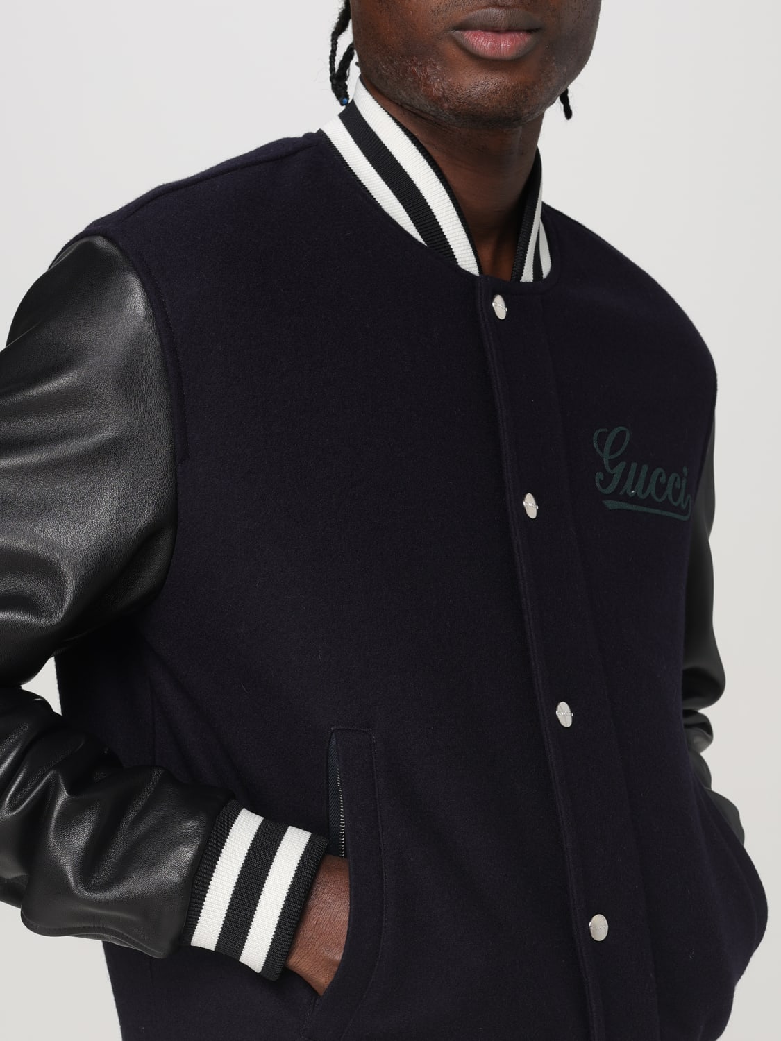 GUCCI GIACCA: Bomber Gucci in lana e pelle liscia , Blue Navy - Img 5