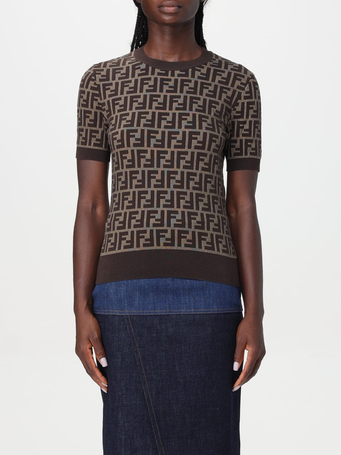 FENDI TOP: Fendi FF crewneck cotton top, Tobacco - Img 1