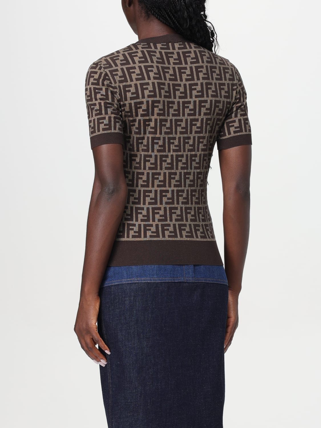 FENDI TOP: Fendi FF crewneck cotton top, Tobacco - Img 2