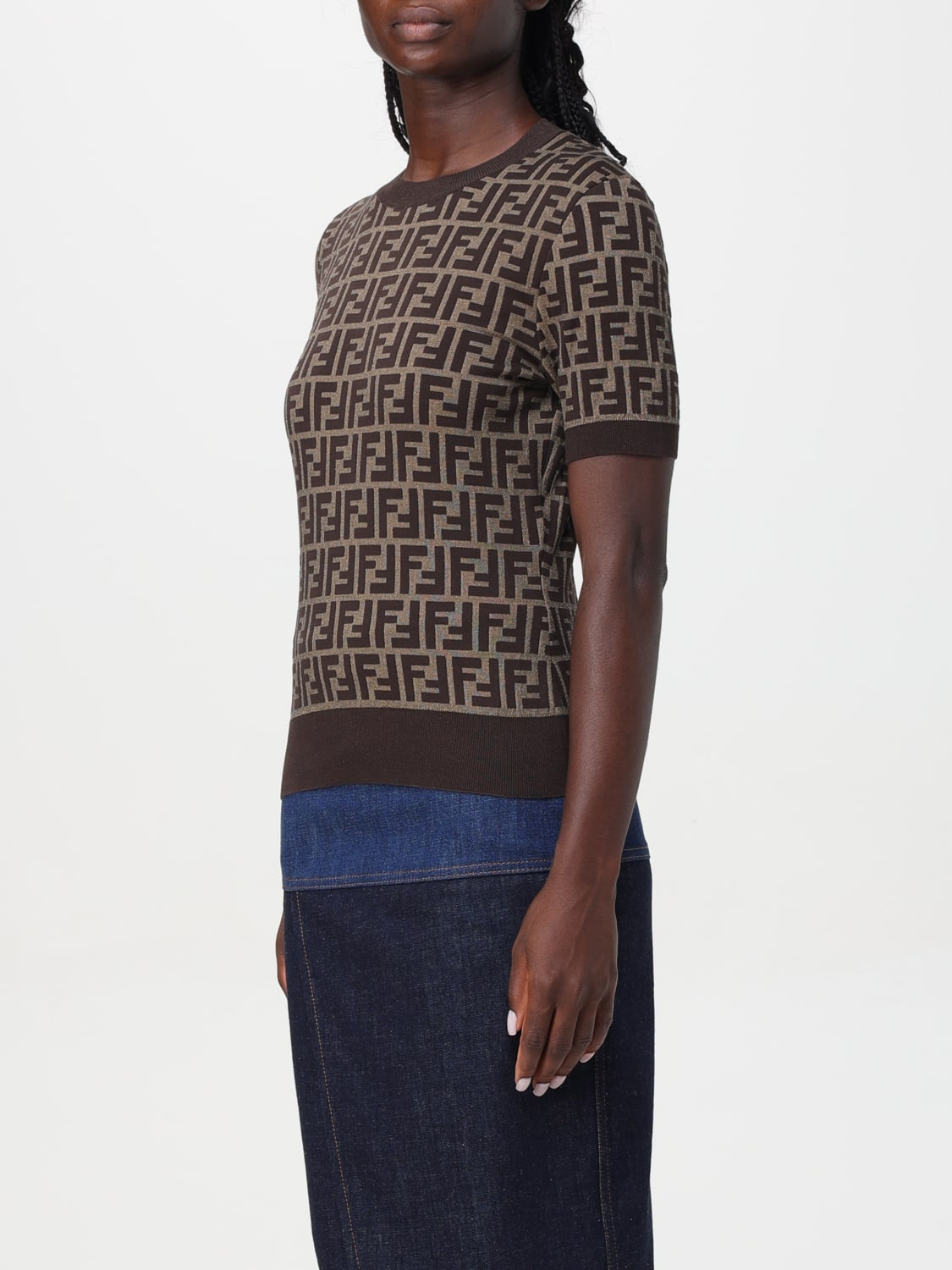 FENDI TOP: Fendi FF crewneck cotton top, Tobacco - Img 3