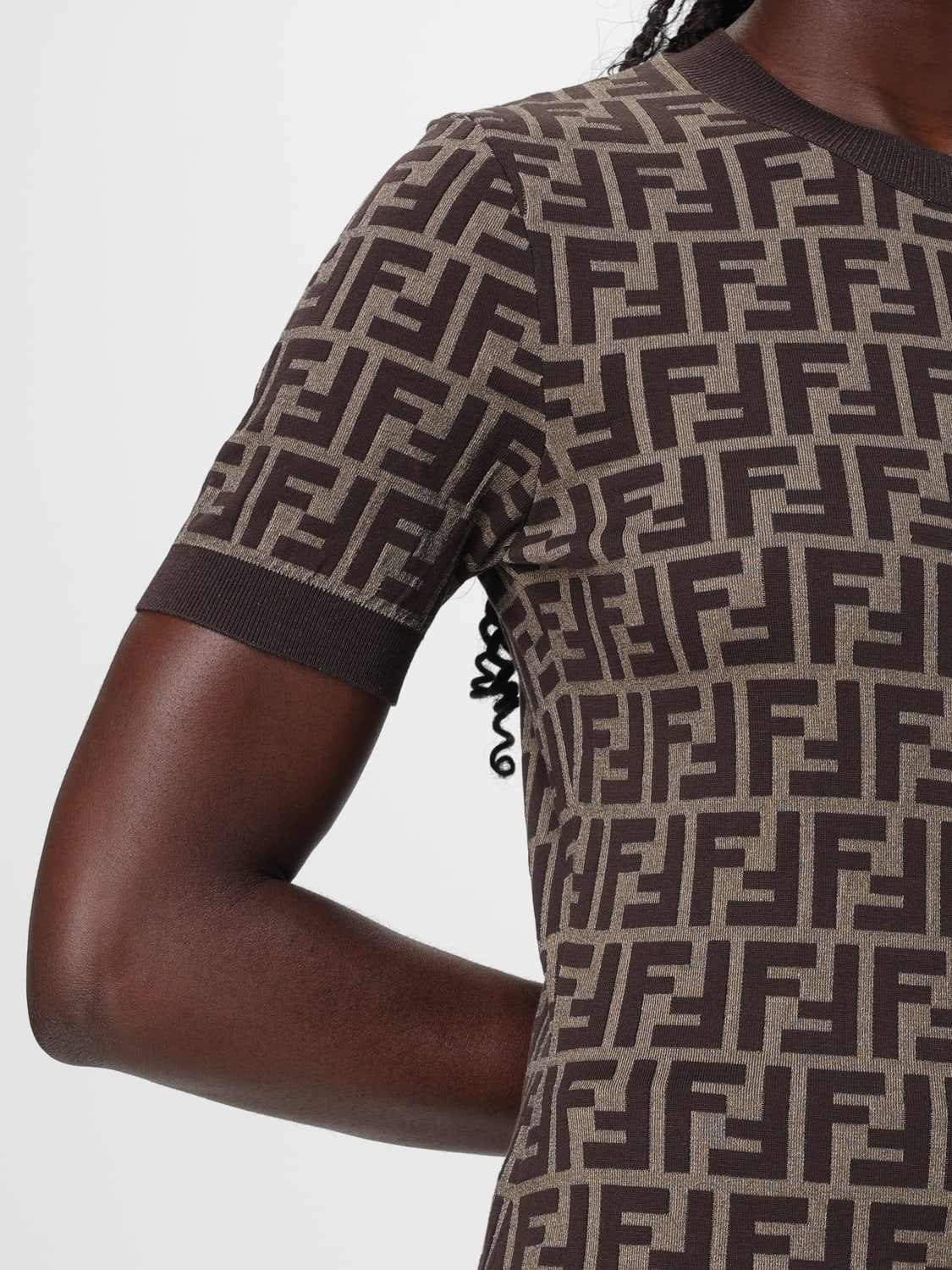 FENDI TOP: Fendi FF crewneck cotton top, Tobacco - Img 4