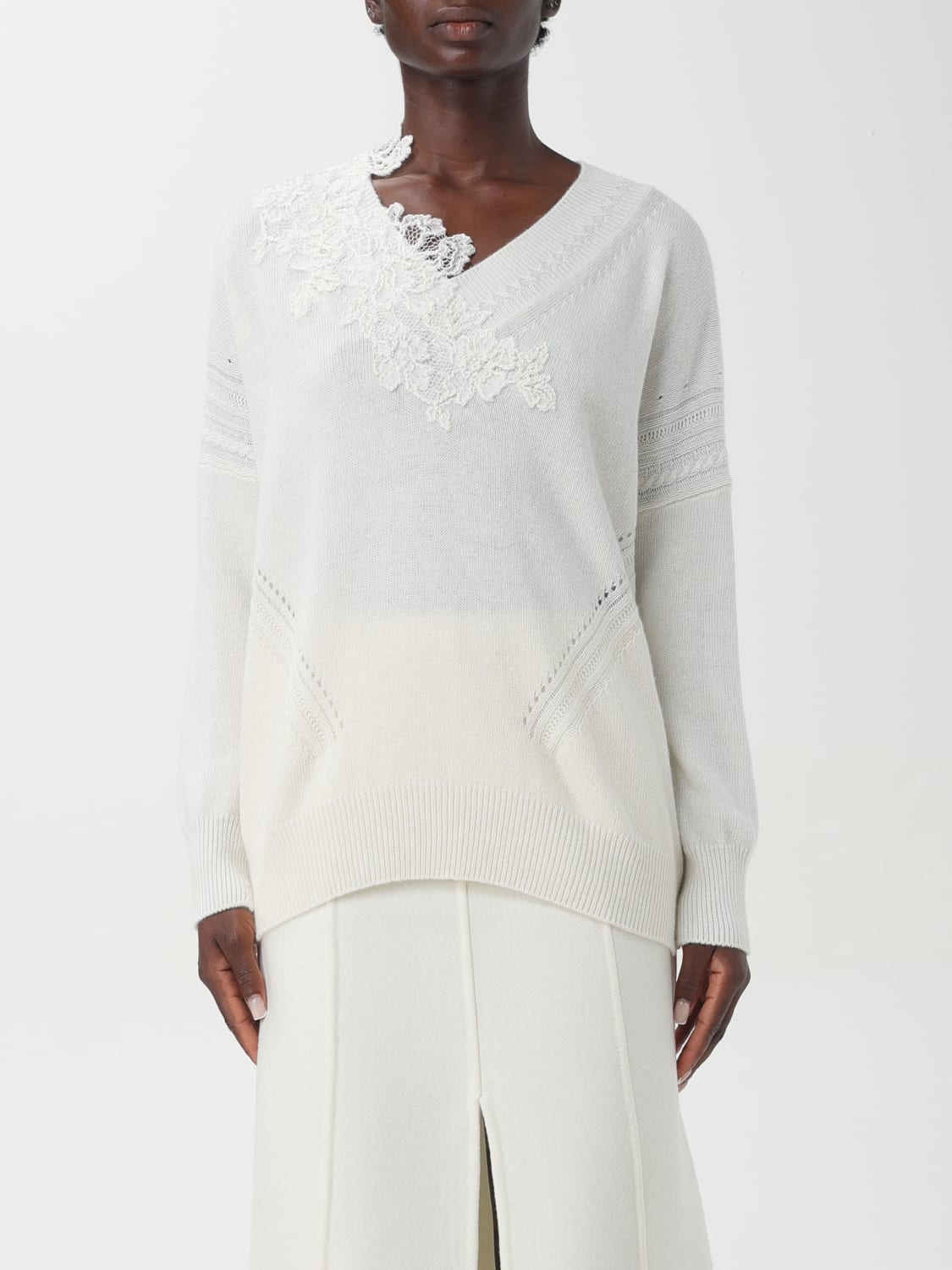 ERMANNO SCERVINO LIFE MAGLIA: Maglia a v con inserto in pizzo Ermanno Scervino Life, Naturale - Img 1