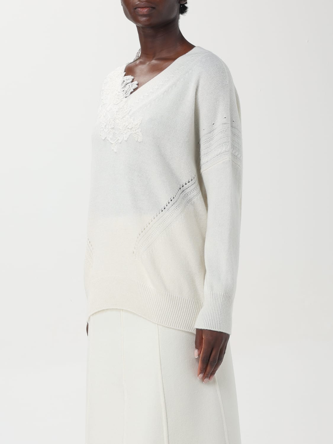 ERMANNO SCERVINO LIFE MAGLIA: Maglia a v con inserto in pizzo Ermanno Scervino Life, Naturale - Img 4