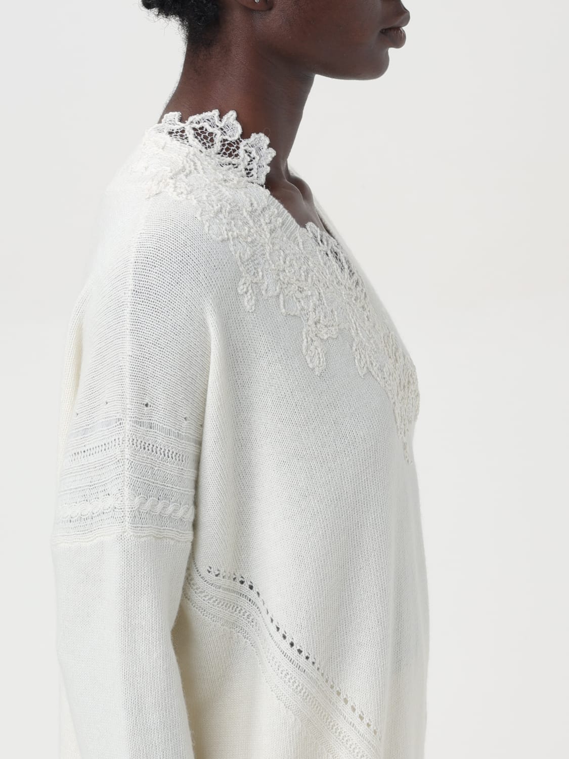 ERMANNO SCERVINO LIFE MAGLIA: Maglia a v con inserto in pizzo Ermanno Scervino Life, Naturale - Img 5