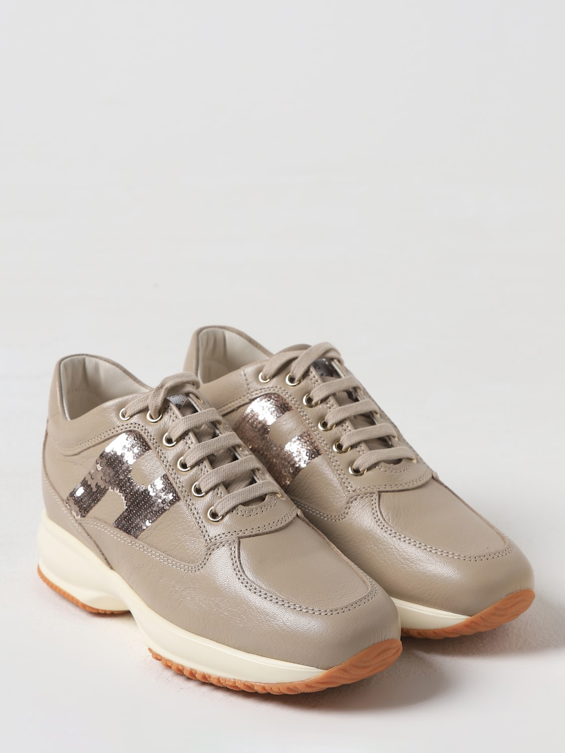 HOGAN SNEAKERS: Sneakers Hogan in pelle a grana naturale con logo di paillettes, Beige - Img 2