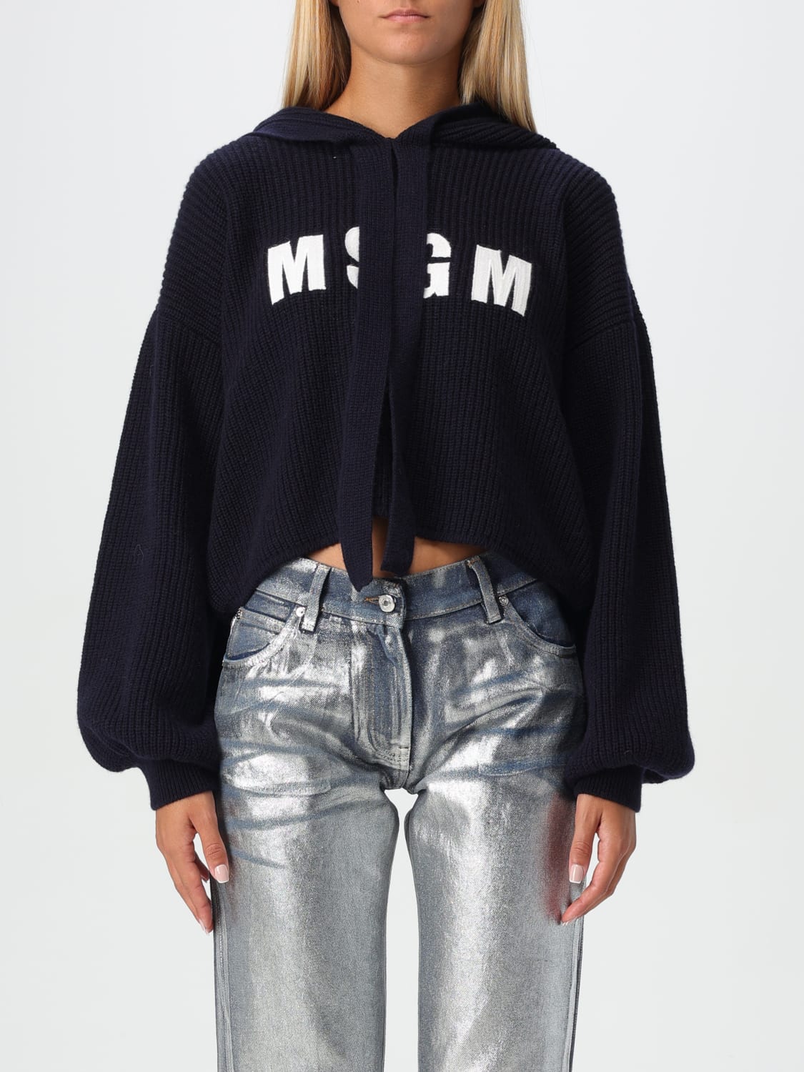 MSGM SWEATSHIRT: MSGM knit hoodie, Blue - Img 1