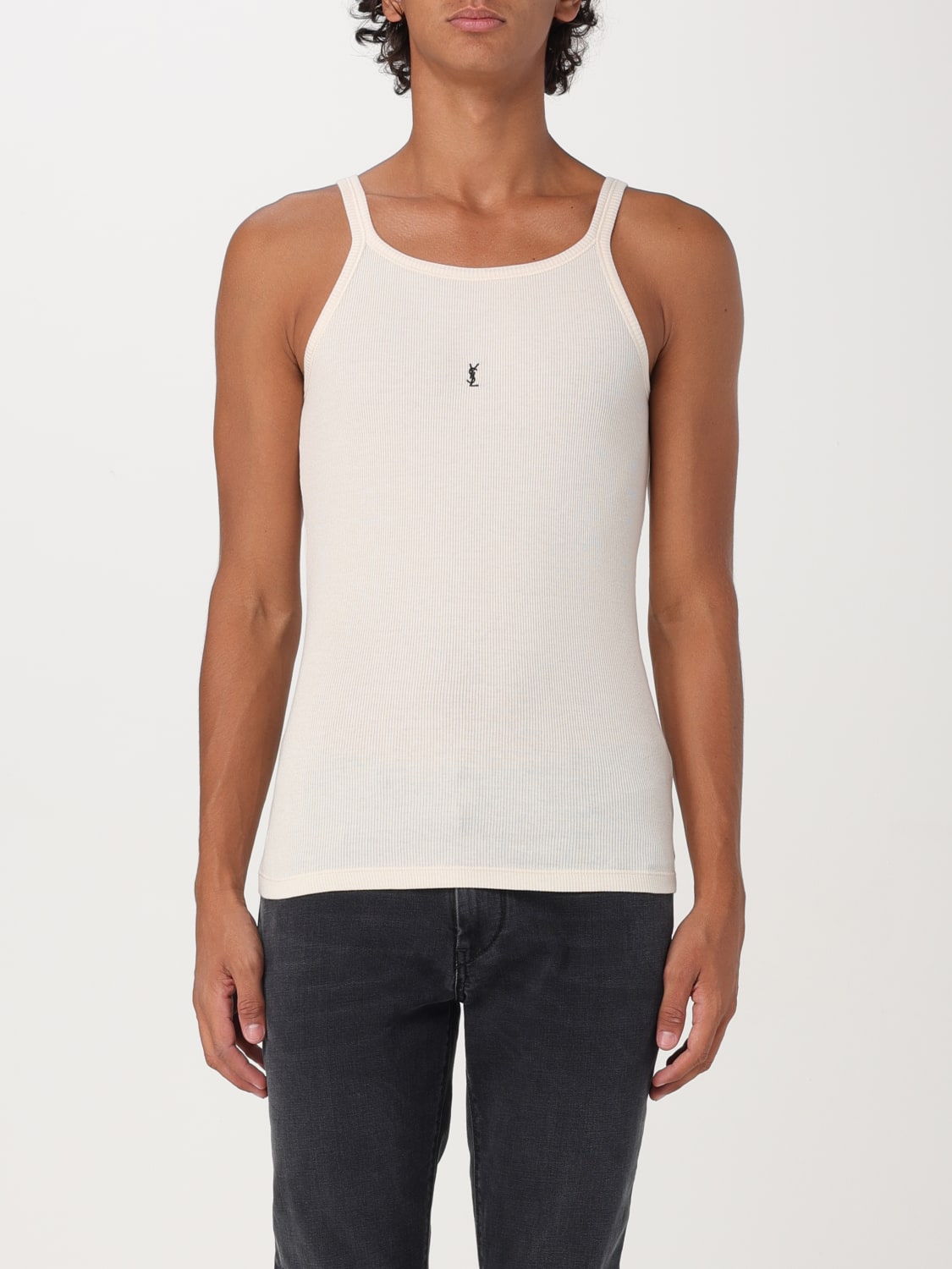 SAINT LAURENT CANOTTA: Saint Laurent tank top with mini YSL logo, Yellow Cream - Img 1