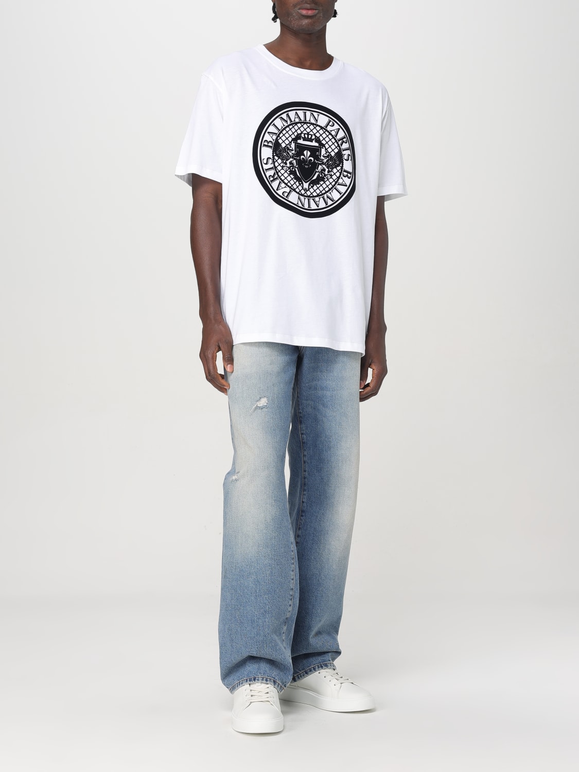 Tシャツ・カットソー BALMAIN Men T-shirt White EH1EG010BB17 GAB T-shirt with flocked Balmain Letter logo white white - Men