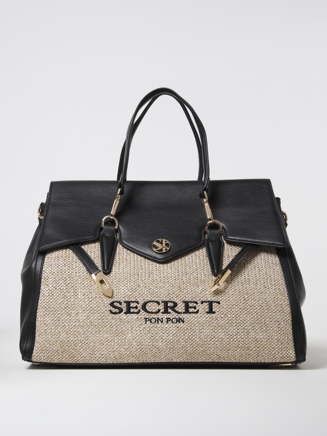 トートバッグ SECRET PON-PON Woman Tote bags Black QUINY STRAW LARGE BLACK SECRET PON-PON: Shoulder bag woman - Black | Secret Pon-Pon