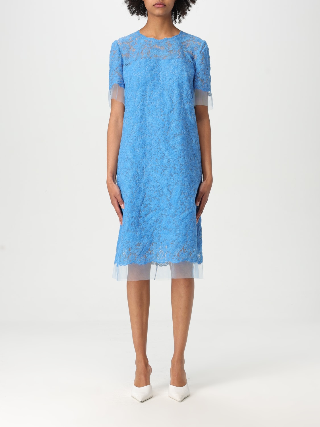 ワンピース ERMANNO SCERVINO Woman Dress Gnawed Blue D462Q778VKX 34200 Luxury light blue silk long dress with lace - Ermanno Scervino