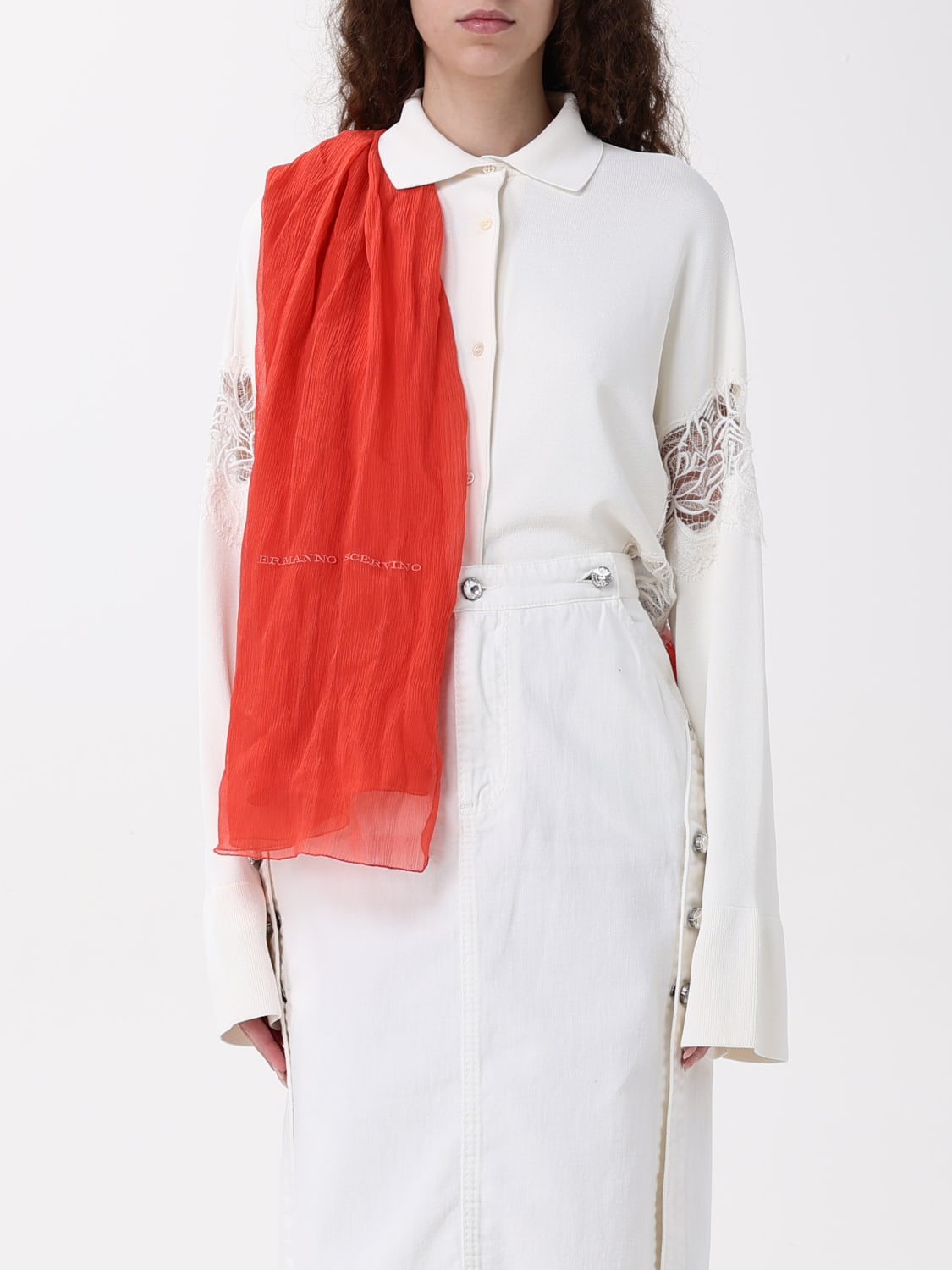 ERMANNO SCERVINO SCIARPA: Sciarpa Ermanno Scervino in tulle di seta con logo ricamato, Rosso - Img 2