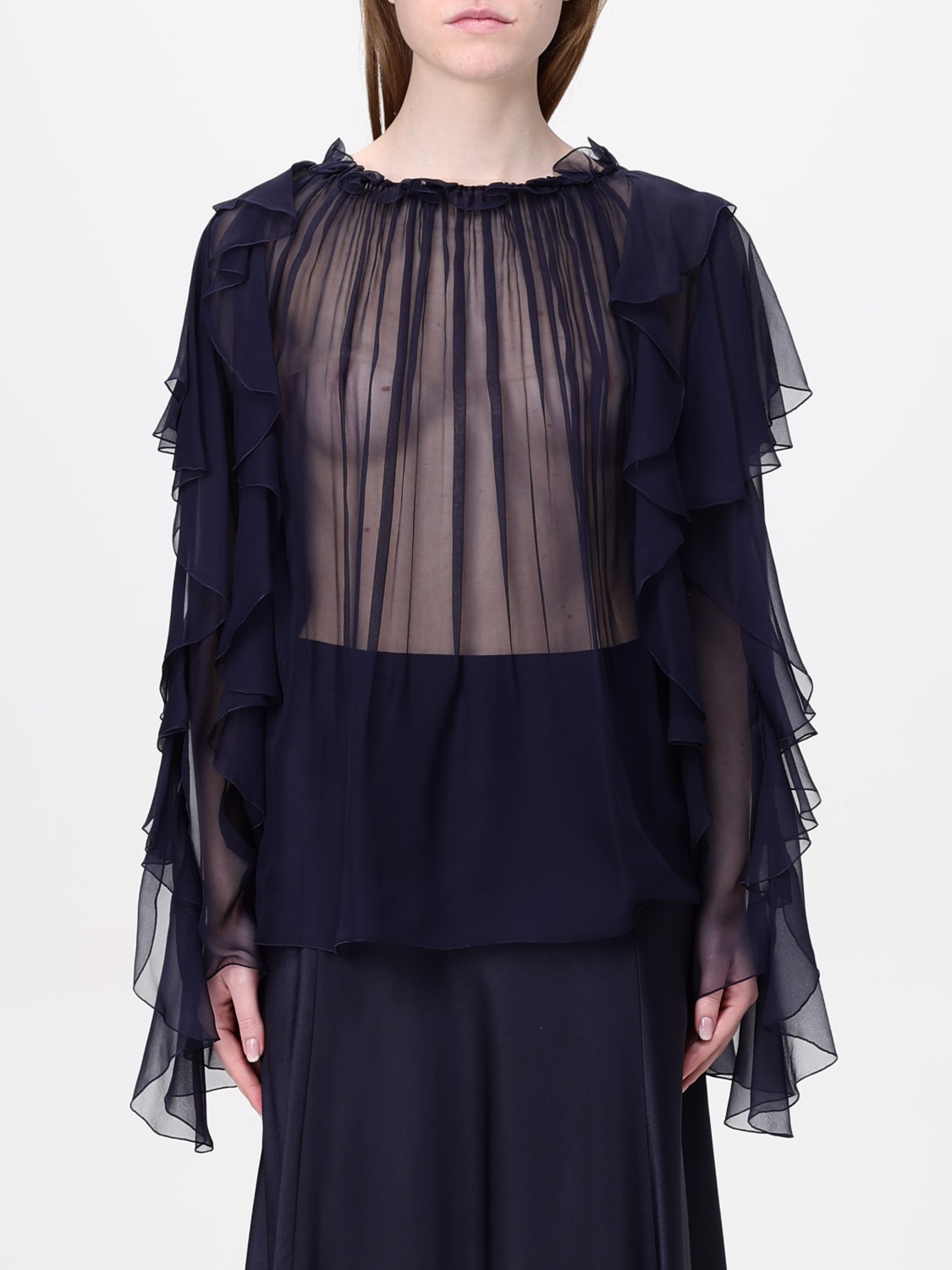 ALBERTA FERRETTI TOP: Alberta Ferretti pleated silk blouse, Blue - Img 1
