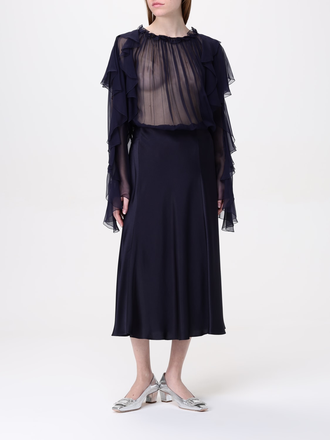 ALBERTA FERRETTI TOP: Alberta Ferretti pleated silk blouse, Blue - Img 2