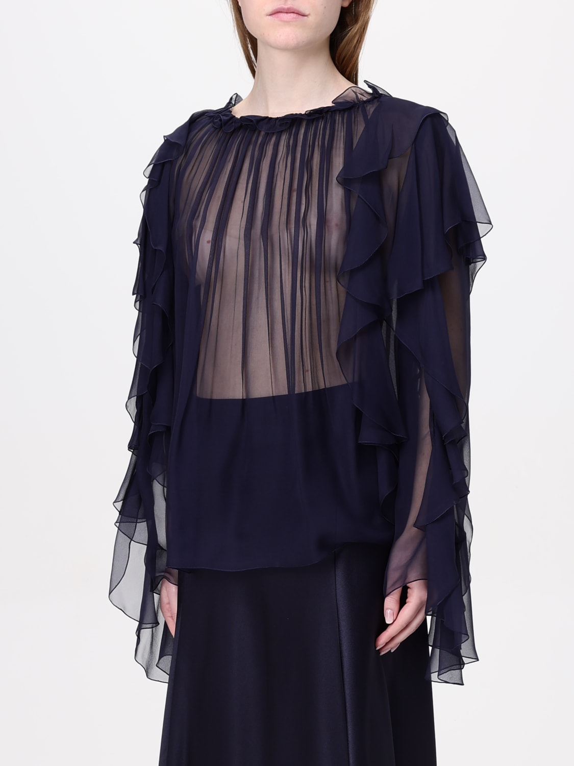 ALBERTA FERRETTI TOP: Alberta Ferretti pleated silk blouse, Blue - Img 4
