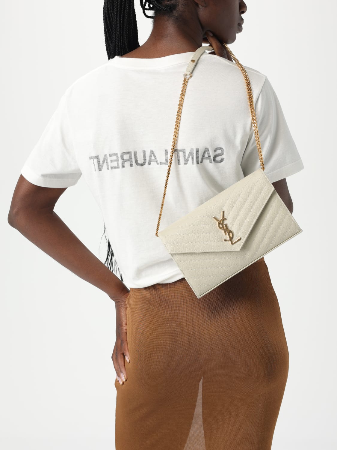 SAINT LAURENT BORSA MINI: Borsa Cassandre Saint Laurent in grain de poudre trapuntata chevron , Panna - Img 2