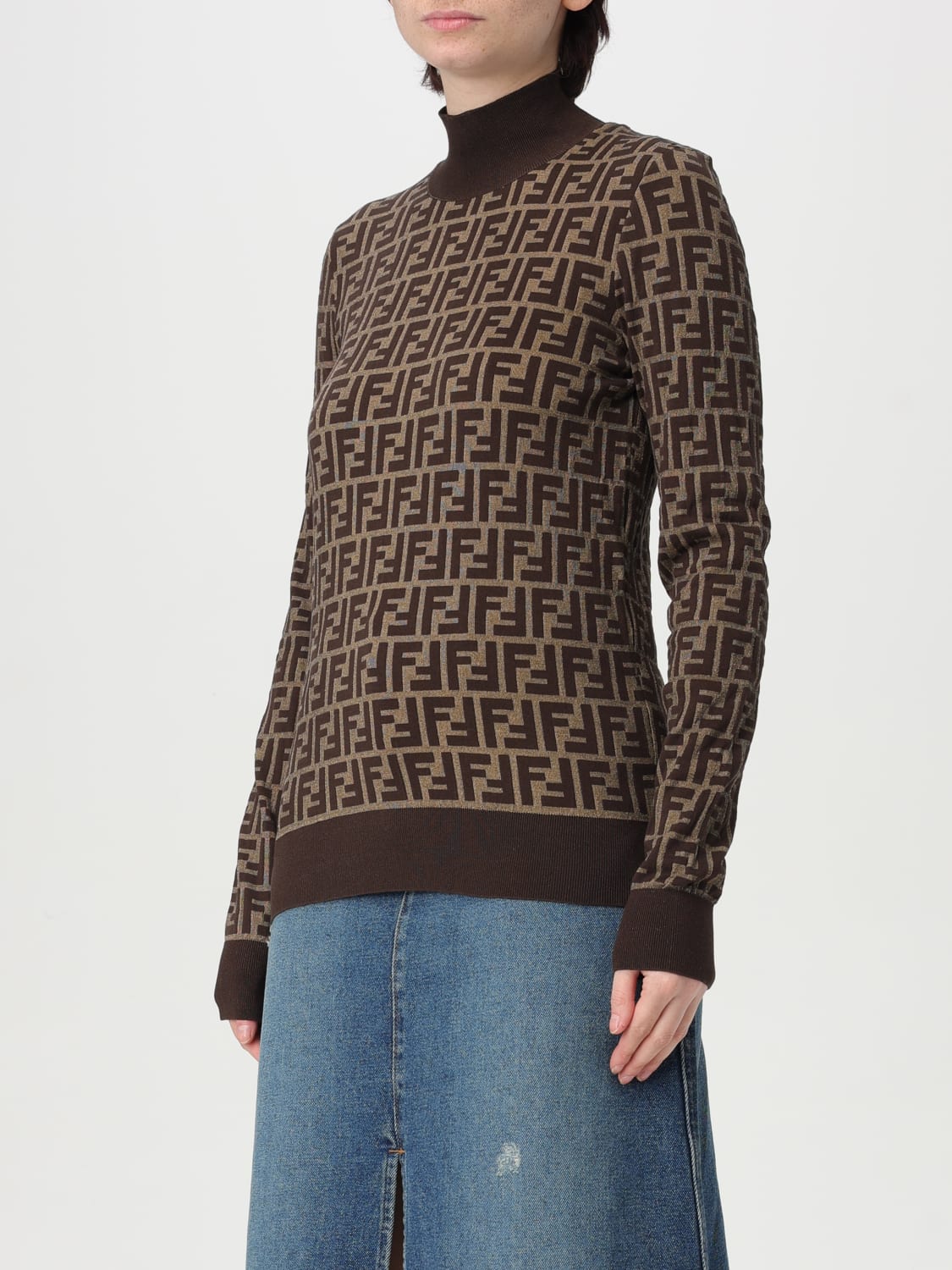 FENDI: cotton blend sweater with monogram pattern - Tobacco