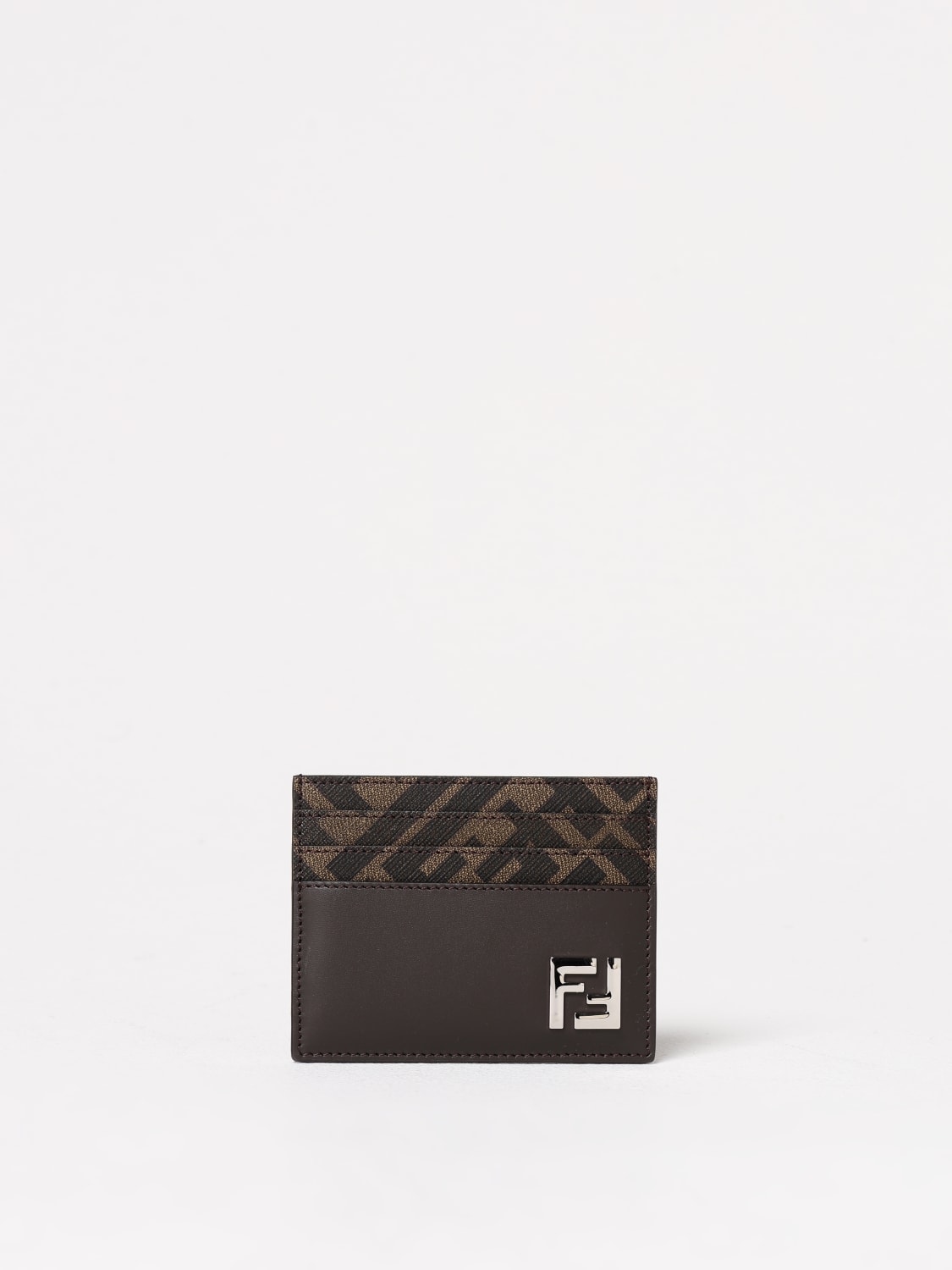FENDI PORTAFOGLIO: Portacarte di credito FF Squared Fendi in pelle e cotone spalmato , Marrone - Img 1