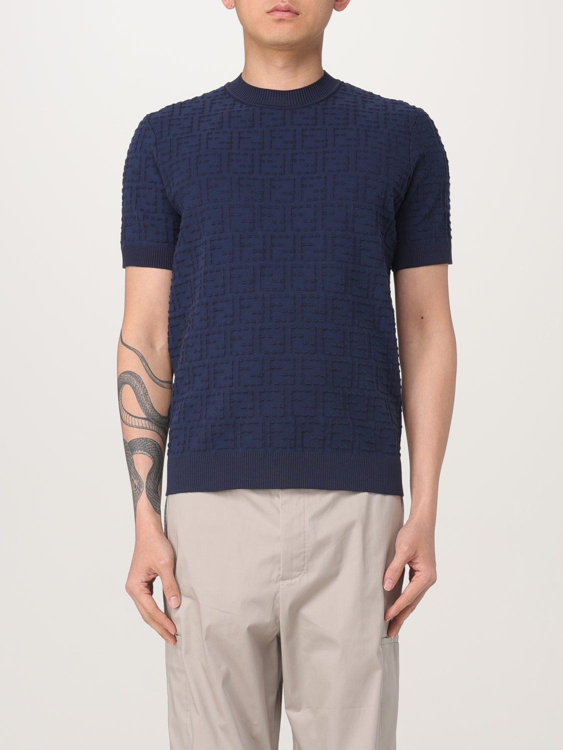 FENDI: crewneck cotton t-shirt - Blue | Fendi t-shirt