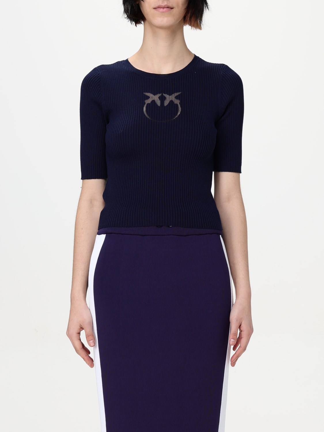 PINKO MAGLIA: Maglia a girocollo Love Birds Pinko in misto cotone stretch, Blue - Img 1