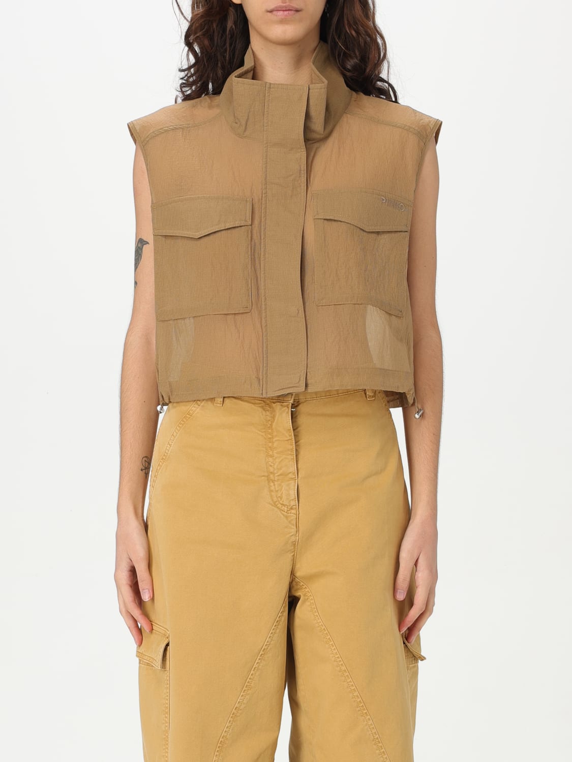 PINKO GILET: Gilet crop Pinko in tessuto Ripstop, Marrone - Img 1