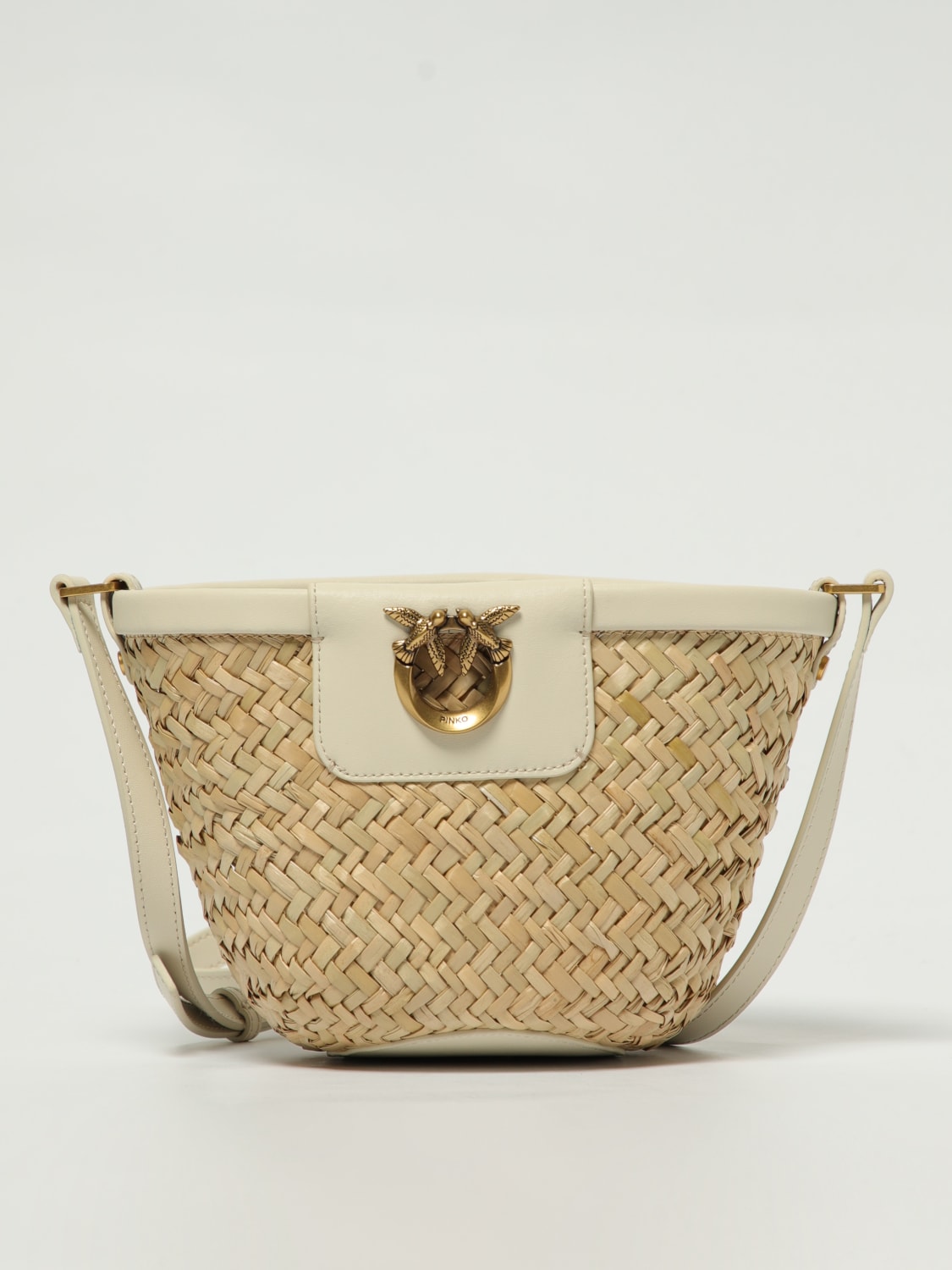 PINKO BORSA A TRACOLLA: Borsa a secchiello in rafia Pinko, Bianco - Img 1
