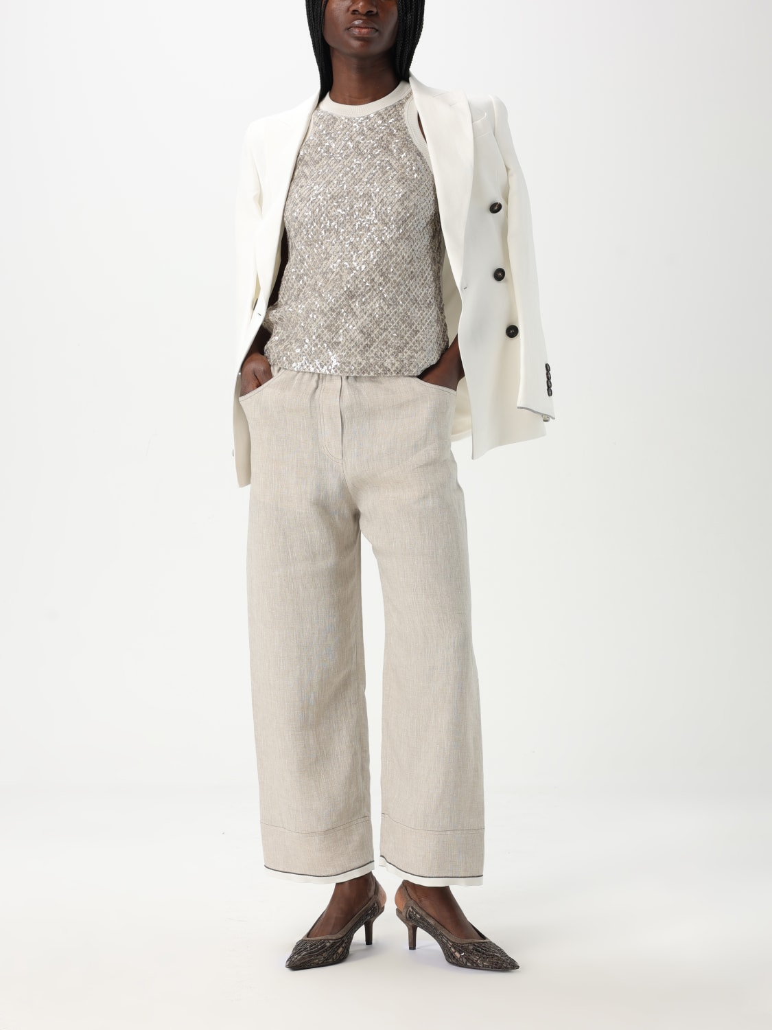 パンツ BRUNELLO CUCINELLI Woman Pants Beige MM633HD669 C200 Brunello Cucinelli - Beige Lurex Baggy Tapered Leg Jean