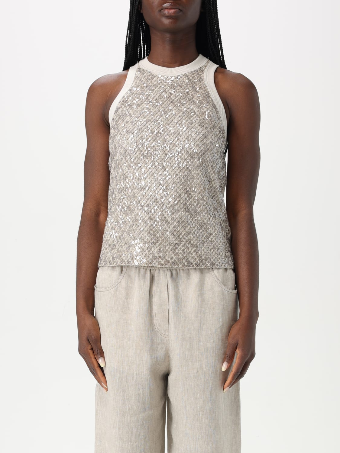 BRUNELLO CUCINELLI TOP: Top Brunello Cucinelli in misto cotone con strass , Panna - Img 1