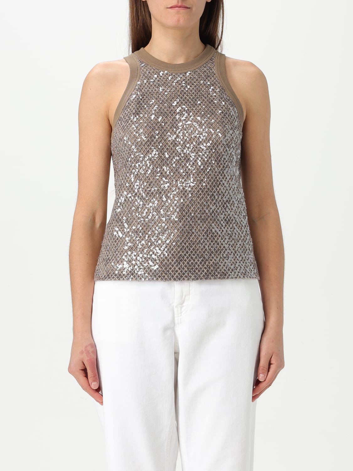 BRUNELLO CUCINELLI TOP: Top Brunello Cucinelli in misto cotone con strass , Cuoio - Img 1