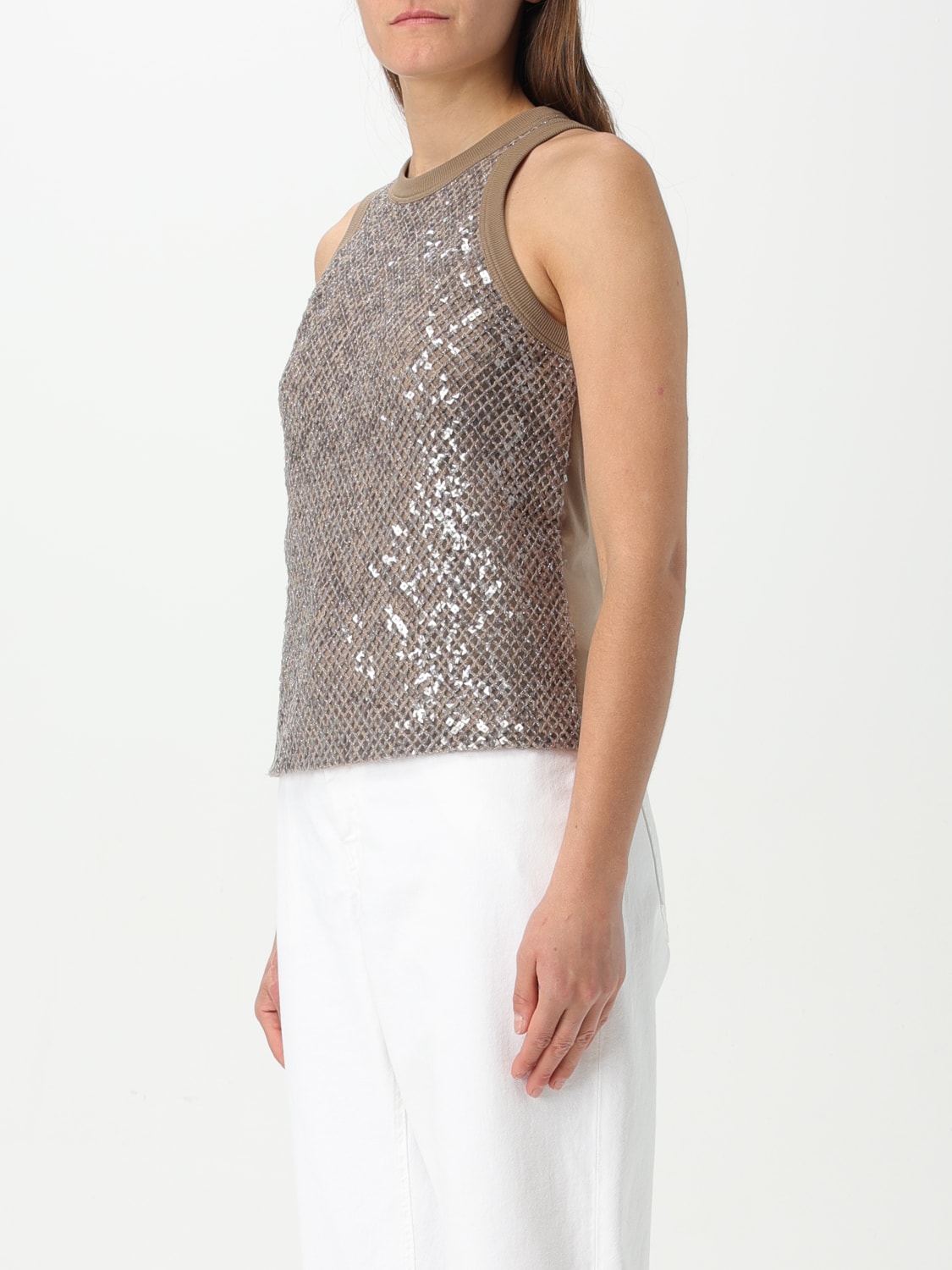 BRUNELLO CUCINELLI TOP: Top Brunello Cucinelli in misto cotone con strass , Cuoio - Img 4