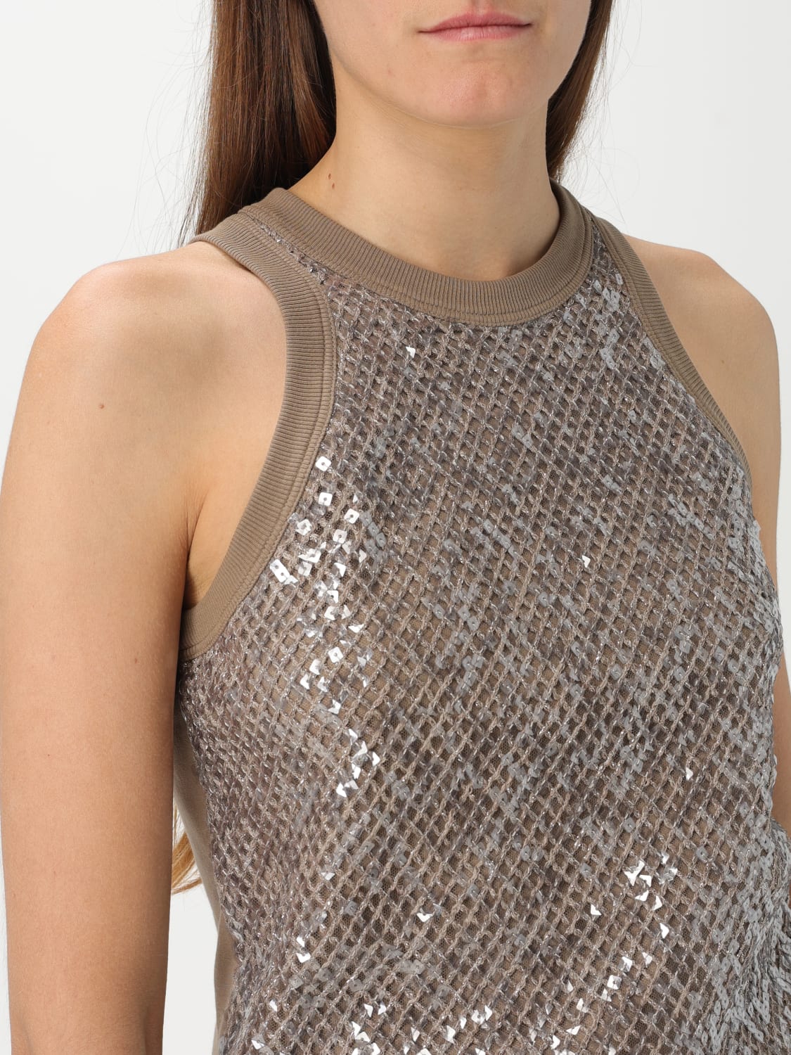BRUNELLO CUCINELLI TOP: Top Brunello Cucinelli in misto cotone con strass , Cuoio - Img 5