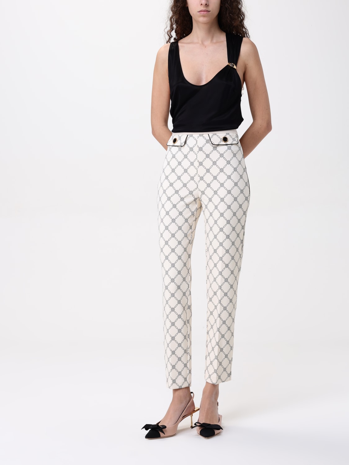 ELISABETTA FRANCHI PANTALONI: Pantalone Elisabetta Franchi in crêpe stampato , Panna - Img 2