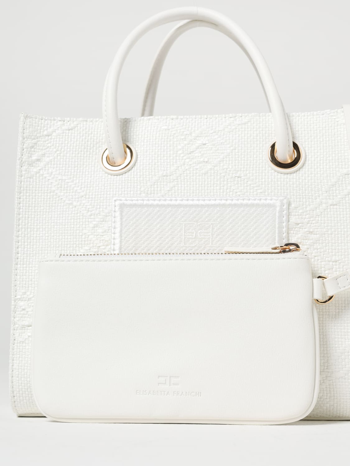ELISABETTA FRANCHI BORSA A MANO: Borsa Elisabetta Franchi in rafia con logo jacquard , Avorio - Img 3