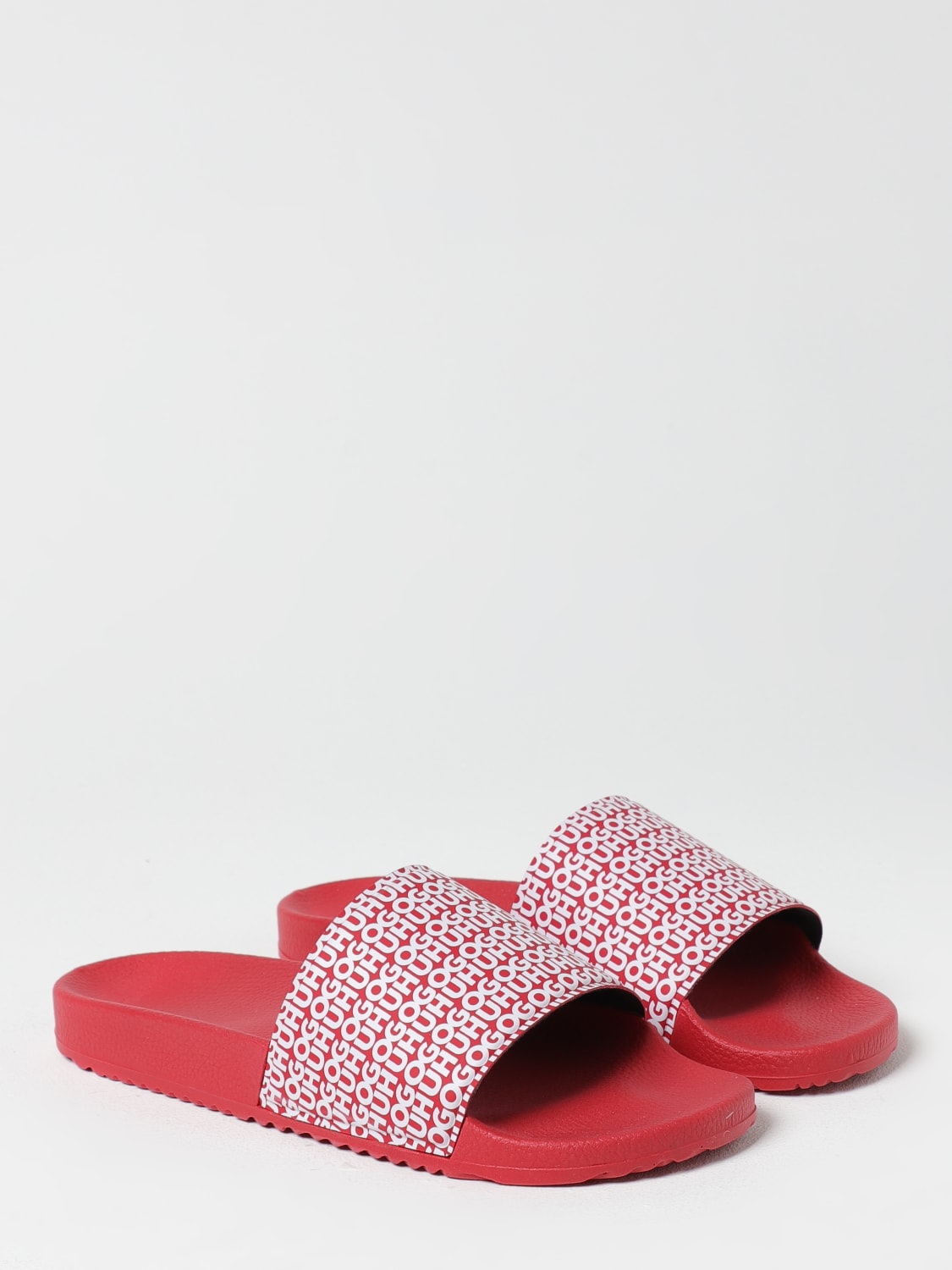 HUGO SANDALI: Sliders Boss in gomma con logo stampato all over , Rosso - Img 2