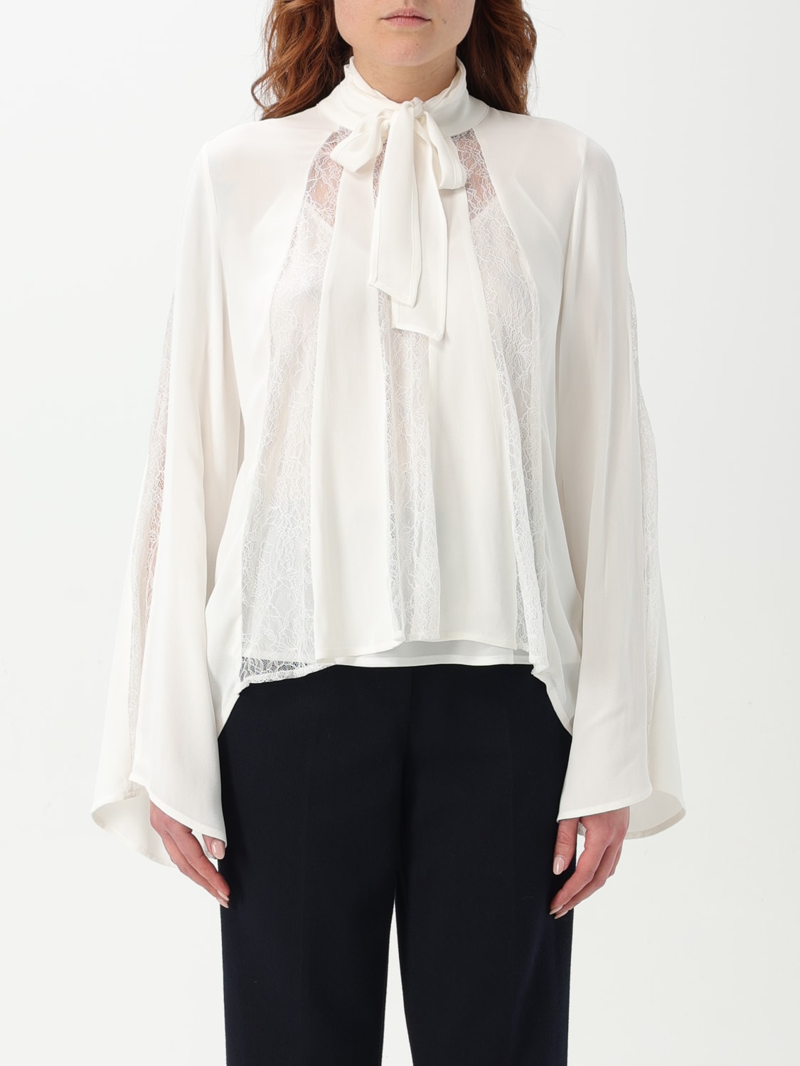 TWINSET TOP: Blusa in crêpe con pizzo Twinset, Ghiaccio - Img 1