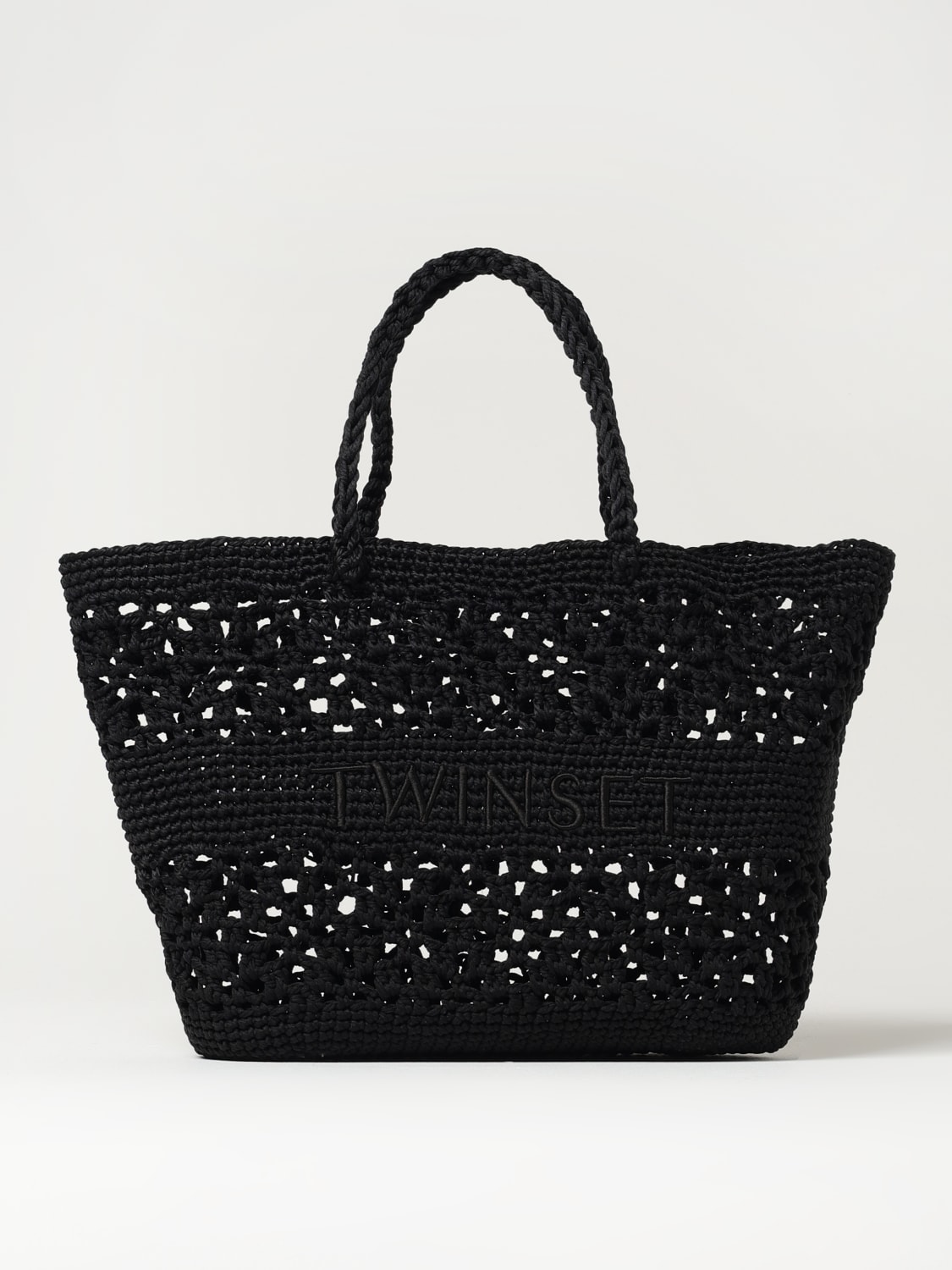TWINSET BORSA A MANO: Borsa Bohemienne Twinset in cotone crochet con logo ricamato , Nero - Img 1