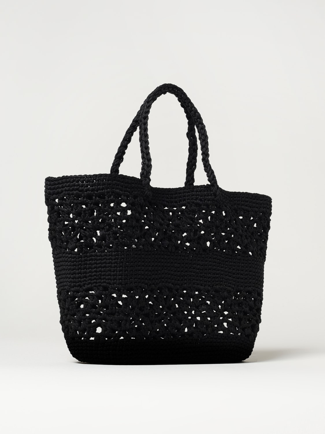 TWINSET BORSA A MANO: Borsa Bohemienne Twinset in cotone crochet con logo ricamato , Nero - Img 2