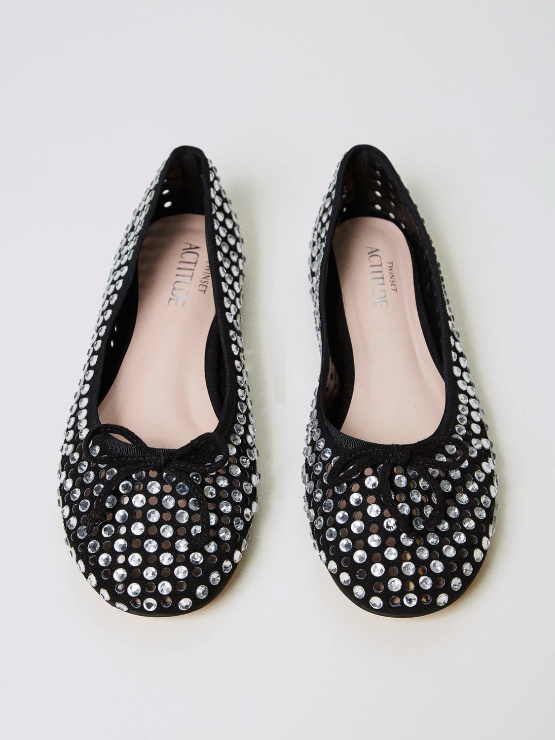 TWINSET ACTITUDE BALLERINE: Ballerina Twinset Actitude in pelle traforata con strass all over, Nero - Img 4